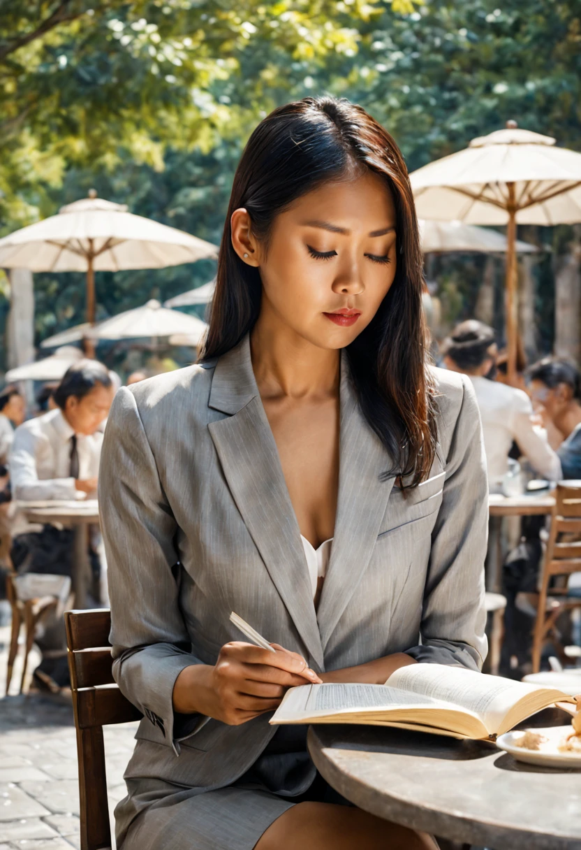 An image of a relaxed tanned Asian woman in sophisticated business attire, leisurely reading a book, sitting at an outdoor cafe, with a backdrop of a quaint urban street, under the glow of a sunset, extremely detailed, ultra realistic, 10k high resolution, in the style of pointillism, mixed media, and graphite, inspired by Romanticism, Expressionism, and Post-Impressionism.