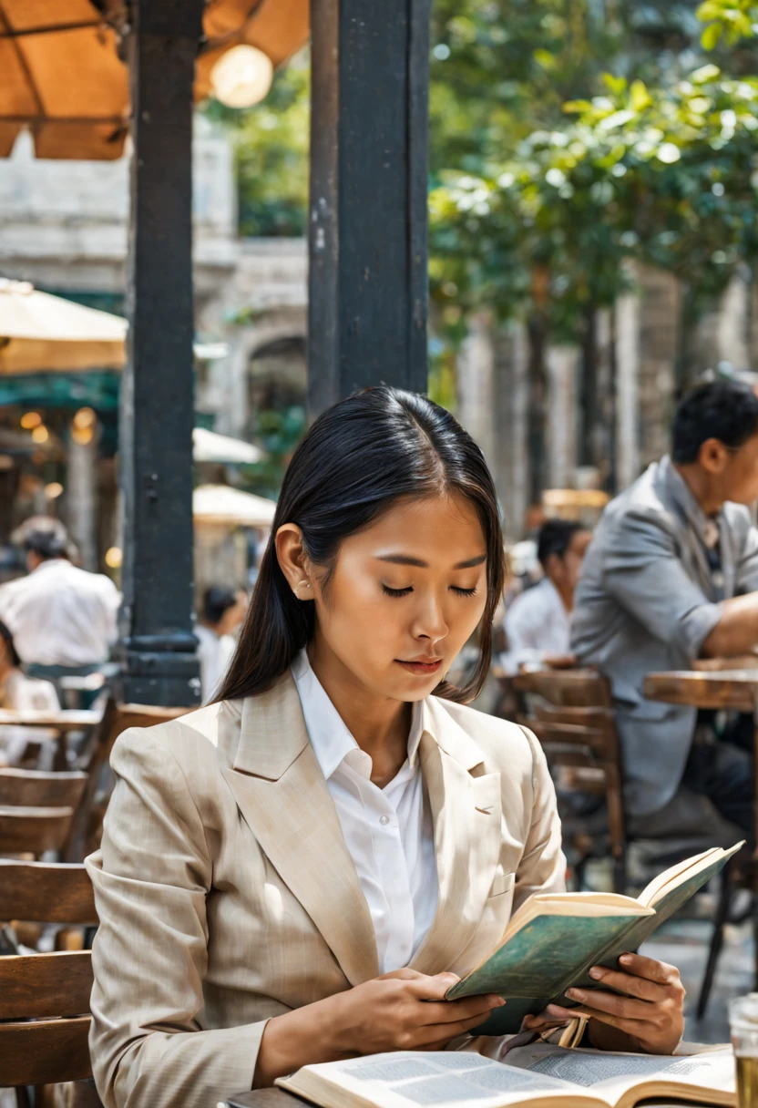 An image of a relaxed tanned Asian woman in sophisticated business attire, leisurely reading a book, sitting at an outdoor cafe, with a backdrop of a quaint urban street, under the glow of a sunset, extremely detailed, ultra realistic, 10k high resolution, in the style of pointillism, mixed media, and graphite, inspired by Romanticism, Expressionism, and Post-Impressionism.