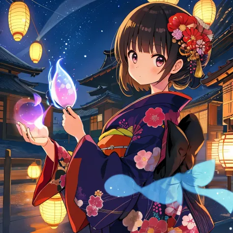 girl with big eyes, kimono, anime, night