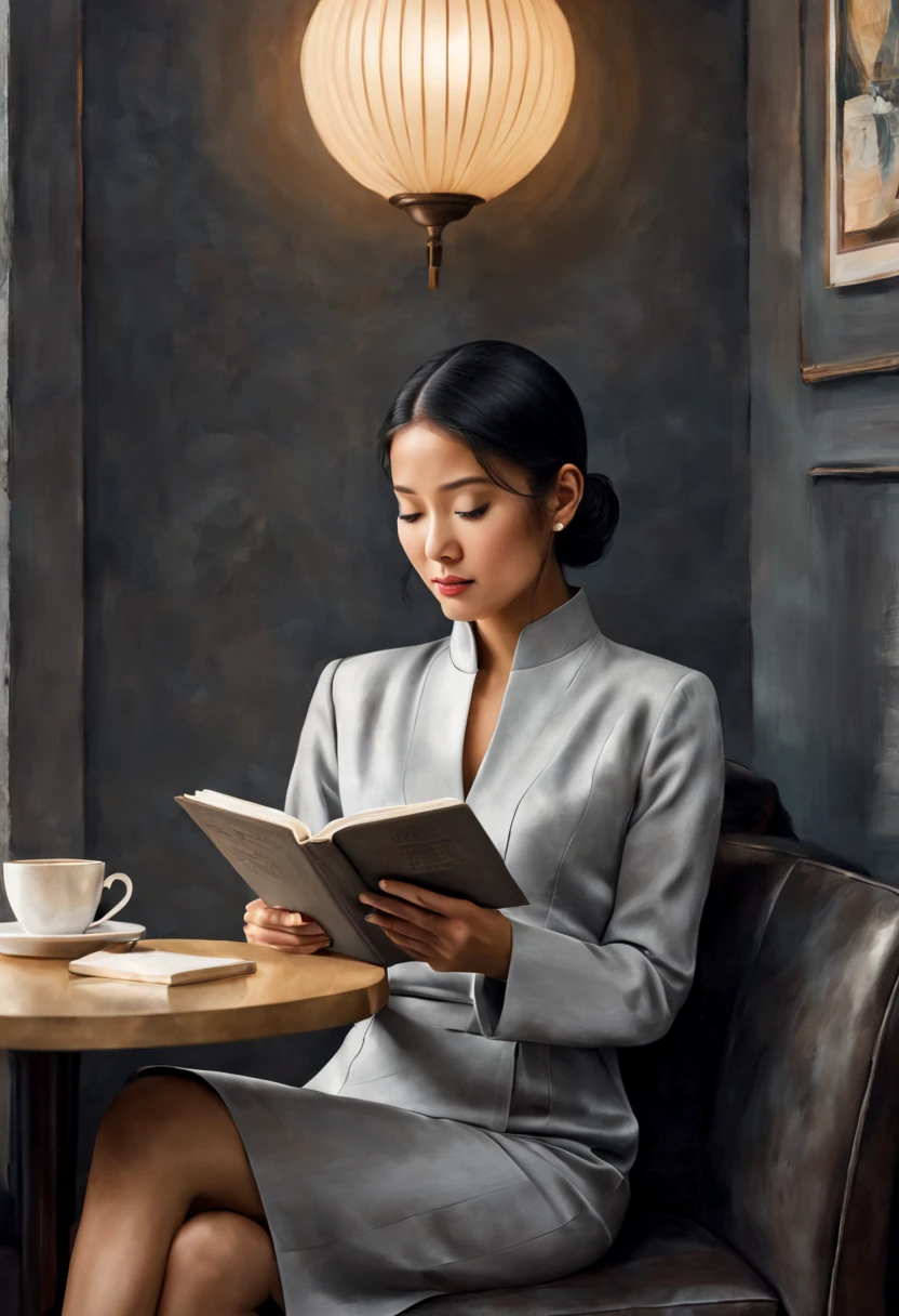 An image of a relaxed tanned Asian woman in sophisticated business attire, leisurely reading a book, sitting at an outdoor cafe, with a backdrop of a quaint urban street, under the glow of a sunset, extremely detailed, ultra realistic, 10k high resolution, in the style of pointillism, mixed media, and graphite, inspired by Romanticism, Expressionism, and Post-Impressionism.