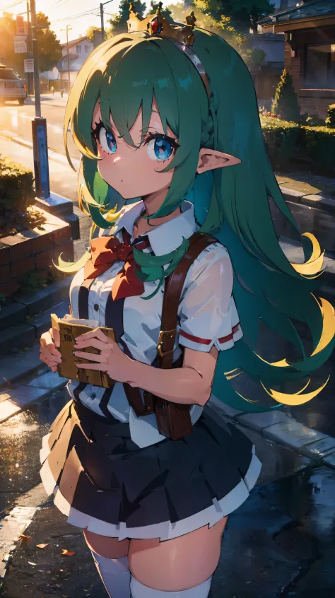 Masterpiece（（tmasterpiece）），White color blouse（（black micro skirt）），（（White transparent stockings）），（Elf girl ），adolable，Raised sexy， shy，（green hair）Hair，Red bow，（Crown tiara on the head），On the street，There are people around
