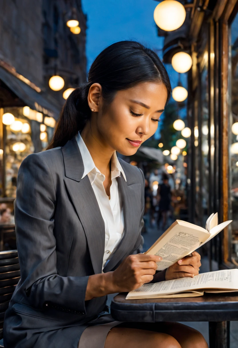 An image of a relaxed tanned Asian woman in sophisticated business attire, leisurely reading a book, sitting at an outdoor cafe, with a backdrop of a quaint urban street, under the glow of a sunset, extremely detailed, ultra realistic, 10k high resolution, in the style of pointillism, mixed media, and graphite, inspired by Romanticism, Expressionism, and Post-Impressionism.