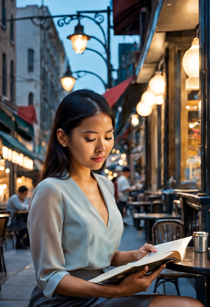 An image of a relaxed tanned Asian woman in sophisticated business attire, leisurely reading a book, sitting at an outdoor cafe, with a backdrop of a quaint urban street, under the glow of a sunset, extremely detailed, ultra realistic, 10k high resolution, in the style of pointillism, mixed media, and graphite, inspired by Romanticism, Expressionism, and Post-Impressionism.