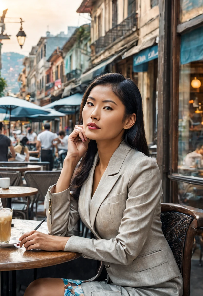 An image of a relaxed tanned Asian woman in sophisticated business attire, leisurely reading a book, sitting at an outdoor cafe, with a backdrop of a quaint urban street, under the glow of a sunset, extremely detailed, ultra realistic, 10k high resolution, in the style of pointillism, mixed media, and graphite, inspired by Romanticism, Expressionism, and Post-Impressionism.