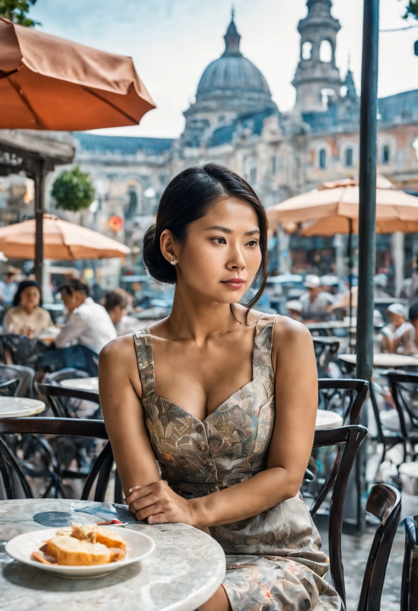 An image of a relaxed tanned Asian woman in sophisticated business attire, leisurely reading a book, sitting at an outdoor cafe, with a backdrop of a quaint urban street, under the glow of a sunset, extremely detailed, ultra realistic, 10k high resolution, in the style of pointillism, mixed media, and graphite, inspired by Romanticism, Expressionism, and Post-Impressionism.