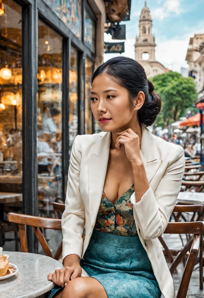 An image of a relaxed tanned Asian woman in sophisticated business attire, leisurely reading a book, sitting at an outdoor cafe, with a backdrop of a quaint urban street, under the glow of a sunset, extremely detailed, ultra realistic, 10k high resolution, in the style of pointillism, mixed media, and graphite, inspired by Romanticism, Expressionism, and Post-Impressionism.