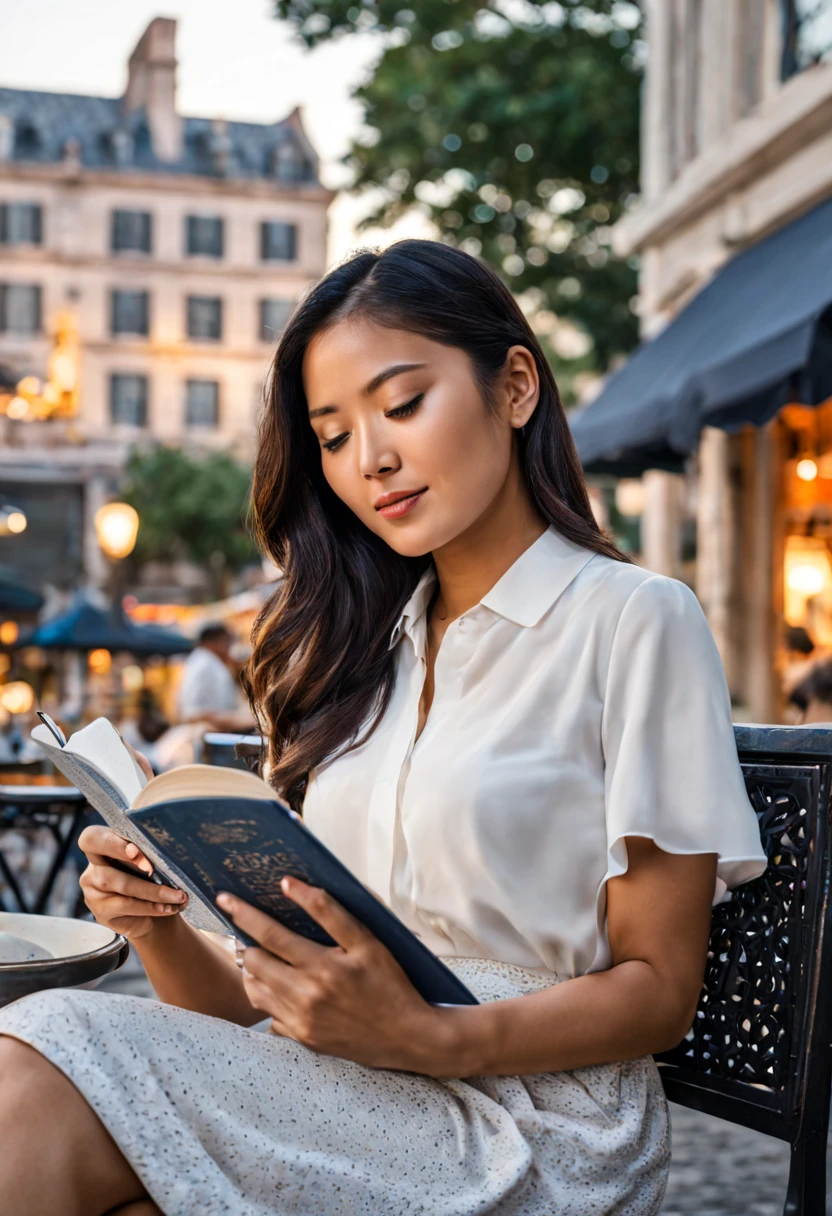 An image of a relaxed tanned Asian woman in sophisticated business attire, leisurely reading a book, sitting at an outdoor cafe, with a backdrop of a quaint urban street, under the glow of a sunset, extremely detailed, ultra realistic, 10k high resolution, in the style of pointillism, mixed media, and graphite, inspired by Romanticism, Expressionism, and Post-Impressionism.