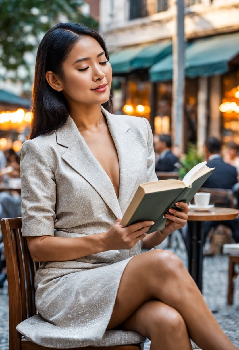 An image of a relaxed tanned Asian woman in sophisticated business attire, leisurely reading a book, sitting at an outdoor cafe, with a backdrop of a quaint urban street, under the glow of a sunset, extremely detailed, ultra realistic, 10k high resolution, in the style of pointillism, mixed media, and graphite, inspired by Romanticism, Expressionism, and Post-Impressionism.