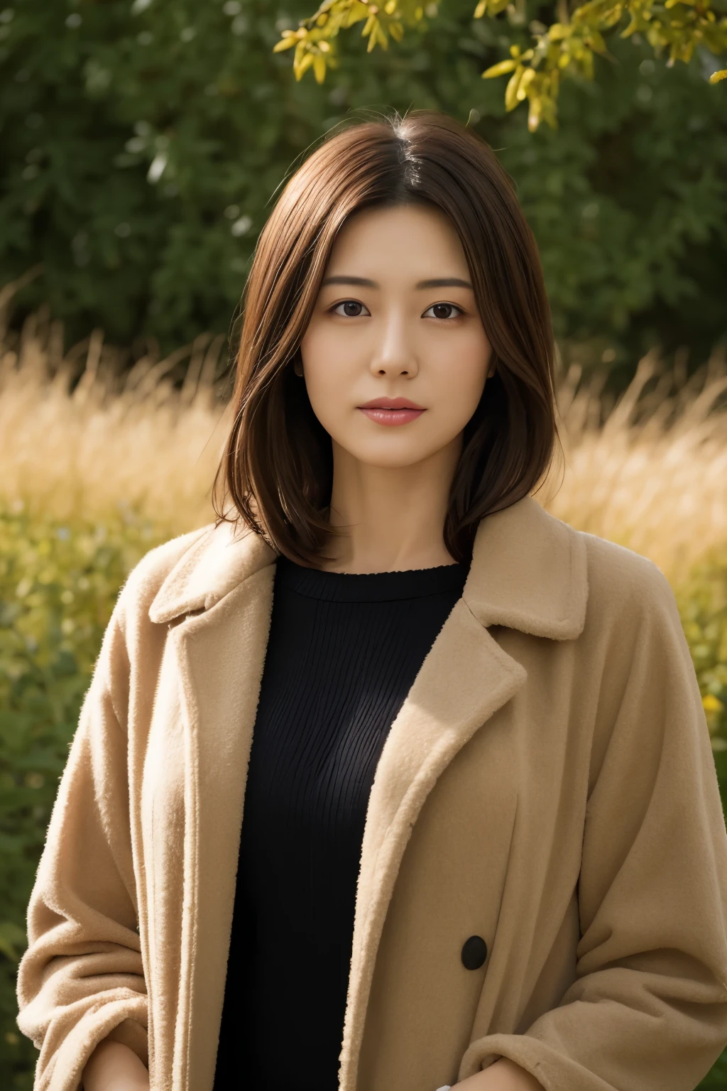 portrait, 8K, high quality, realistic photo images, 39 years old, japanese woman, clear,sexy, wearing a fluffy coat,Reproduces natural and realistic eyes, japanese stand, beautiful brown hair waiting for someone, beautiful lighting, golden ratio composition, hair blowing in the wind, natural background, garden, 4K, high quality, realistic photo images, japanese woman, beautiful breasts, Neat beauty, 