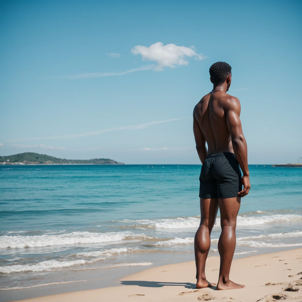 Man standing, on beach, sexy black man, from the back, man, skinny - SeaArt  AI