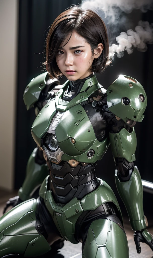 rough skin, Super detailed, advanced details, high quality, 最high quality, High resolution, 1080P, hard disk, beautiful,(War Machine),Beautiful cyborg woman,Dark Green Mecha Cyborg Girl,In combat,Mecha body girl,、middle School girls　very short hair、sweaty brown eyes、sweaty face、expression of pain　blush　cute　black haired　((steam from head)) (Steam comes out of the whole body)Glasses　squat　spread your legs　M-shaped legs　(Shyness)