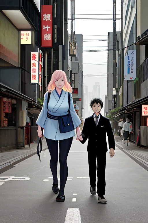 mother and son walking on the street in Tokyo