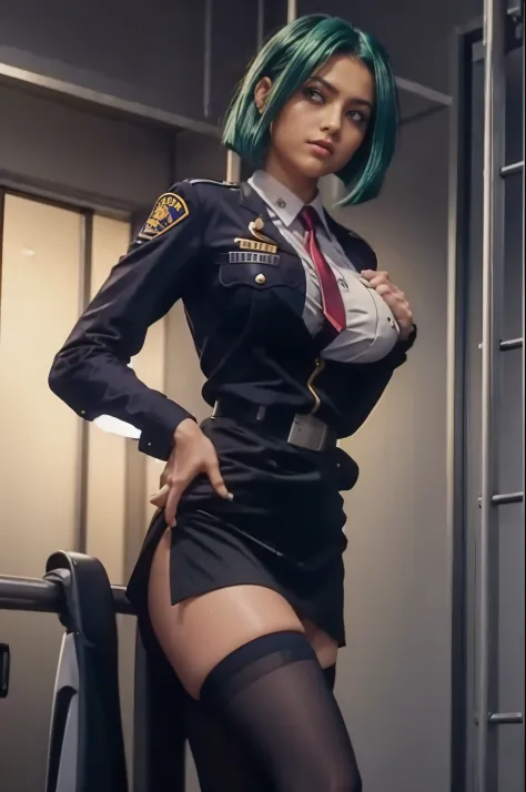 masterpiece, ultra detailed, raw, !(Maya Jingu is a beautiful police girl who has green hair, straight and short to her neck, ti...