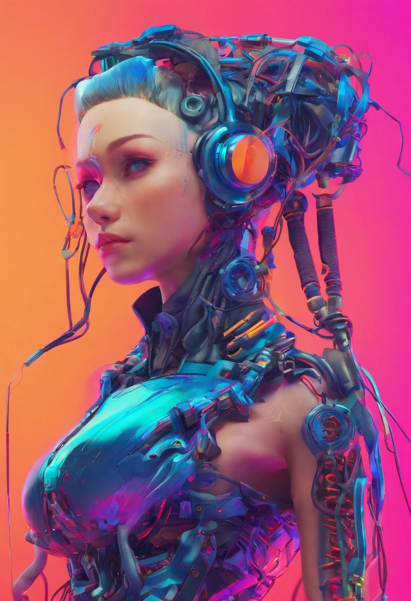 1 mechanical girl,((Ultra realistic details)), portrait, global illumination, Shadow, octane rendering, 8K, super sharp,Metal,Complex, Decorative details, cool color, Details of Japan people, highly Complex details, realistic light, trending on cgsociety, shining eyes, Face-to-face camera, neon details, mechanical limbs,blood vessels connected to tubes,mechanical spine attached to the back,Mechanical cervical vertebrae attached to the neck,sitting,Wires and cables connecting to the head