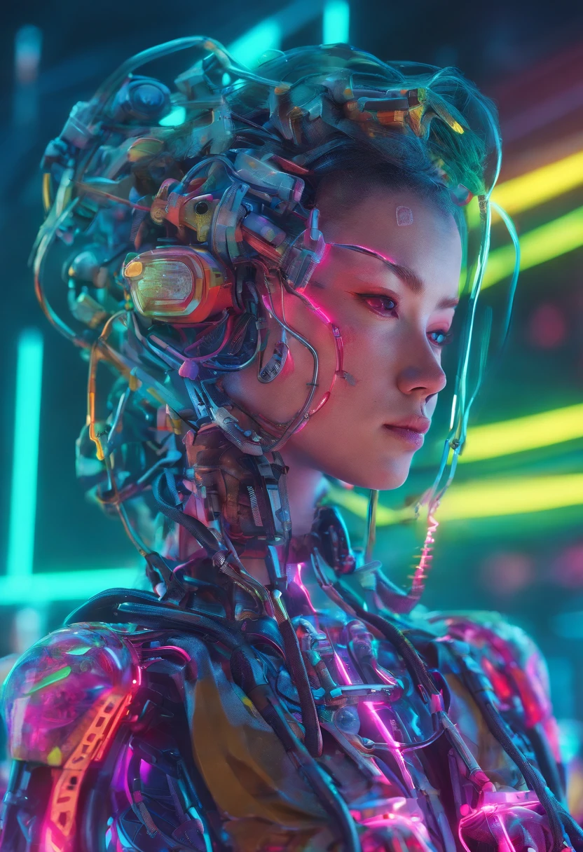 1 mechanical girl,((Ultra realistic details)), portrait, global illumination, Shadow, octane rendering, 8K, super sharp,Metal,Complex, Decorative details, cool color, Details of Japan people, highly Complex details, realistic light, trending on cgsociety, shining eyes, Face-to-face camera, neon details, mechanical limbs,blood vessels connected to tubes,mechanical spine attached to the back,Mechanical cervical vertebrae attached to the neck,sitting,Wires and cables connecting to the head