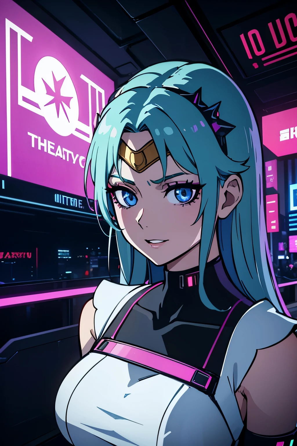 Top Quality, Masterpiece, Ultra High Definition, (Photorealistic: 1.4), Raw Photo, 1 Girl, Dramatic Lighting, Full Body, (cyberpunk aesthetic: 1.4), (cyberpunk) beautiful girl, light iridescent hair, long hair, (cybernetics on face), grey eyes, long eyelashes, full lips, celestial, light, sailor moon inspired, forehead tiara, half body, cyber city background, white mage, happy face, whimsical fantasy dress, fantasy outfit, whimsical