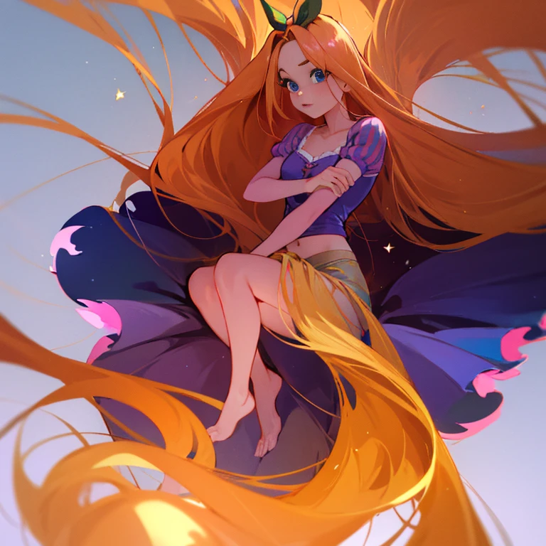 Fusion between Rapunzel from disney and Yotsuba Nakano, good fusion, excellent character design, masterpiece, 4k, perfect anatomy, perfect face, perfect eyes, 1girl, solo, full body, yotsuba nakano wearing rapunzel's dress, long long orange hair, red hair, pink hair, orange hair, extremely long hair, green ribbon on hair, hair ribbon, blue eyes, athletic, muscular, purple rapunzel dress, disney style girl, fully covered, laying among veils, glowing veiled dress, slim, petite, flat toned belly, perfect body, soft wavy hair, fluffy long hair, tender, sweet, aesthetic, flat lower belly, side, short torso, curvy, full figure, short, tiny, iridescent, dim light, extremely flat lower belly, crystal, fantasy, galaxy, transparent, shimmering, sparkling, splendid, colorful, cute, tender, lovely, cozy, sweet