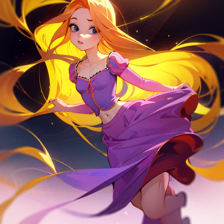 Fusion between Rapunzel from disney and Yotsuba Nakano, good fusion, excellent character design, masterpiece, 4k, perfect anatomy, perfect face, perfect eyes, 1girl, solo, full body, yotsuba nakano wearing rapunzel's dress, long long orange hair, red hair, pink hair, orange hair, extremely long hair, green ribbon on hair, hair ribbon, blue eyes, athletic, muscular, purple rapunzel dress, disney style girl, fully covered, laying among veils, glowing veiled dress, slim, , flat toned belly, perfect body, soft wavy hair, fluffy long hair, tender, sweet, aesthetic, flat lower belly, side, short torso, curvy, full figure, short, tiny, iridescent, dim light, extremely flat lower belly, crystal, fantasy, galaxy, transparent, shimmering, sparkling, splendid, colorful, cute, tender, lovely, cozy, sweet