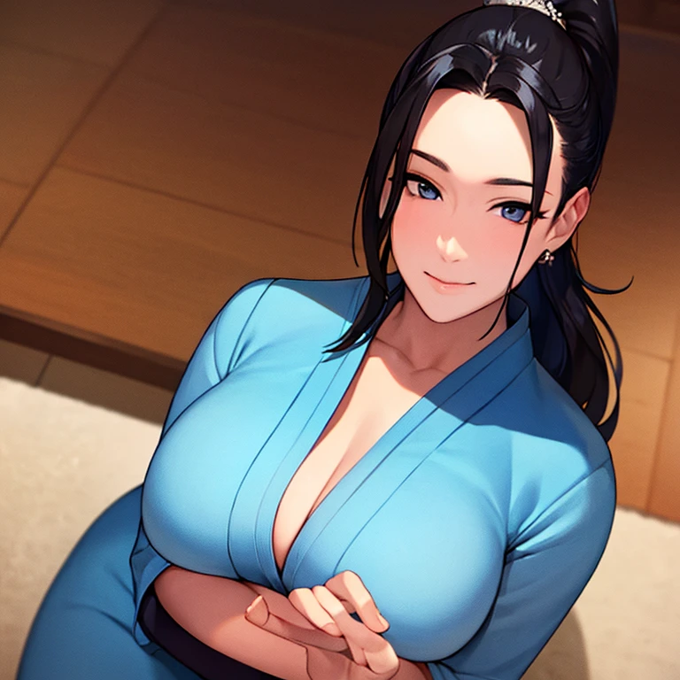 ((masterpiece)), ((best quality)), (ultra-detailed), (realistic), beautiful face, detailed hands, expressive eyes, 1girl, solo, mature female, milf, motherly, forehead, big breasts, narrow waist, wide hips, curvy, (straight hair, long hair, high ponytail, dark hair, dark eyes, blue kimono, cleavage), dojo, looking at viewer, cowboy shot, seductive smile, sitting