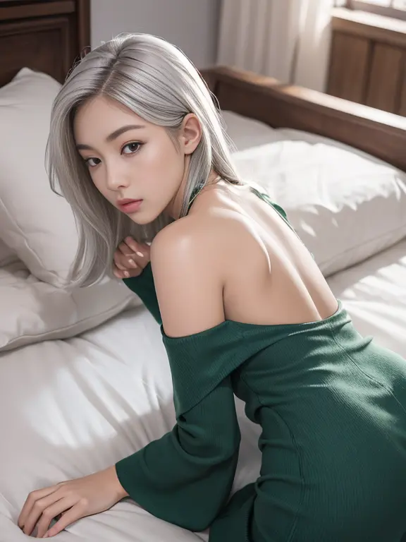 8K, highest quality, RAW photo,  ultra high resolution　cool beauty　beautiful butt　　huge breastsの谷間　thin eyebrows　on the bed　huge...