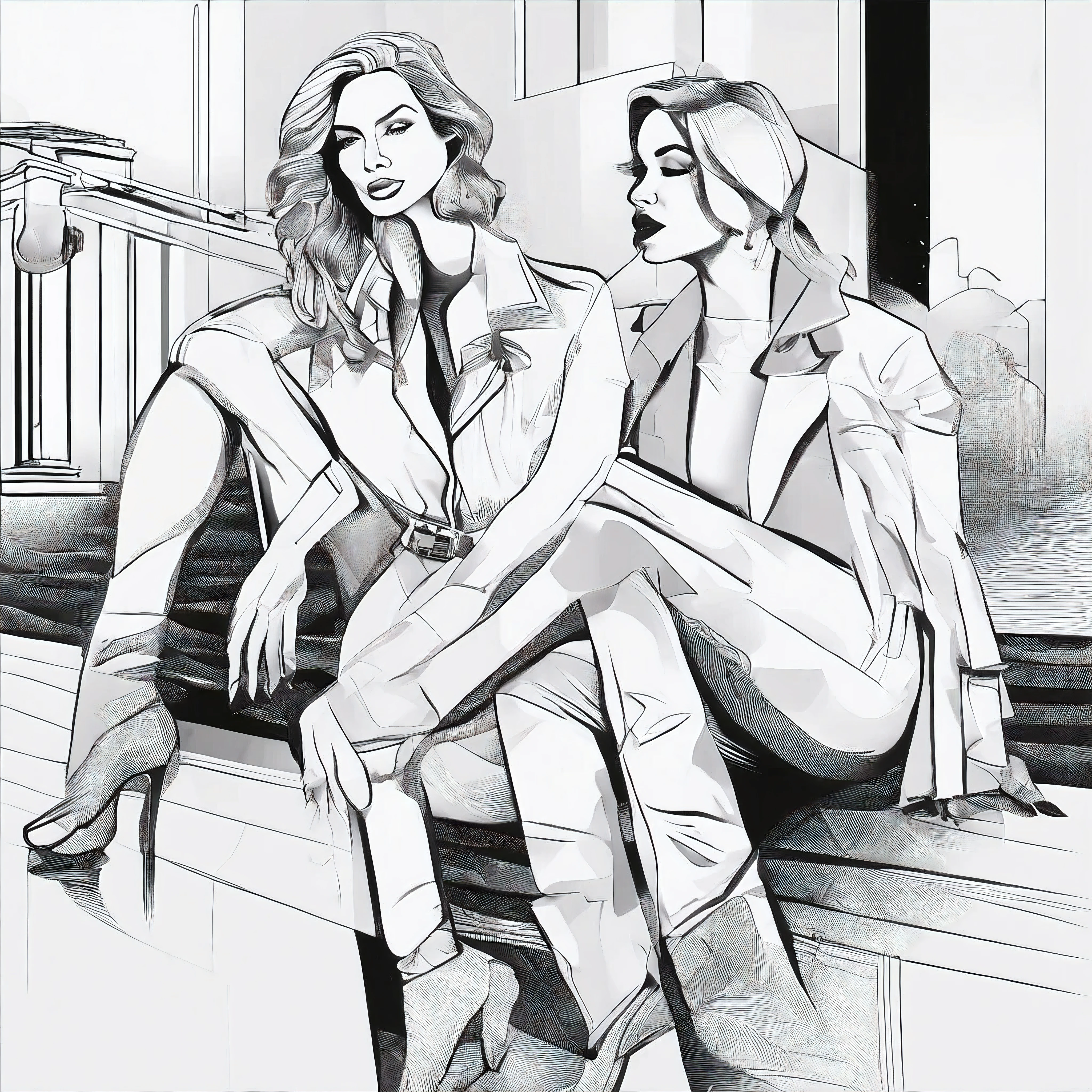 Drawing Lesbian Girls Nude - A drawing of two women sitting on a ledge talking - SeaArt AI