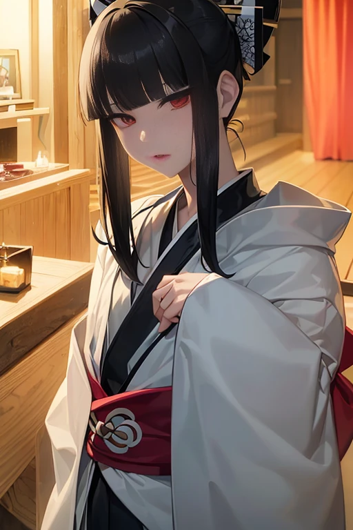 {{{{femboy、fake girl、flexible、thin、flat chest、Poor chest、sloped shoulder}}}}、{{thinウエスト}}、{{black hair、blunt bangs、half updo、short hair、White and black kimono、clear face、expressionless、red lipstick}}