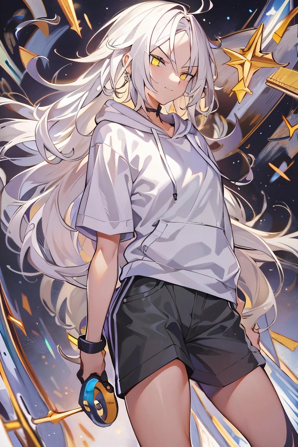 1man, mid shot, best detailed girl, looking back, Perfect body, woman, 20 years old, messy white long hair, flipped hair, shiny platinum blonde hair, floating hair, huge ahoge, smirk, v-shaped eyebrows, golden pupil, medium chest circumference, bright skin, oversized clothes, hoodie, short shorts, sandals, black Clothes, masterpiece, best masterpiece,