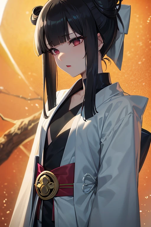 {{{{femboy、fake girl、flexible、thin、flat chest、Poor chest、sloped shoulder}}}}、{{thinウエスト}}、{{black hair、blunt bangs、half updo、short hair、White and black kimono、clear face、expressionless、red lipstick、close mouth}}