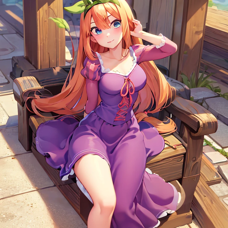 Fusão entre Rapunzel da Disney e Yotsuba Nakano, boa fusão, Excelente design de personagens, obra de arte, 4K, anatomia perfeita, Rosto Perfeito, olhos perfeitos, 1 garota, Sozinho, corpo todo, Yotsuba Nakano usando vestido de Rapunzel, long long cabelo laranja, cabelo vermelho, cabelo rosa, cabelo laranja, cabelos extremamente longos, fita verde no cabelo, fita de cabelo, olhos azuis, Atlético, muscular, vestido rapunzel roxo