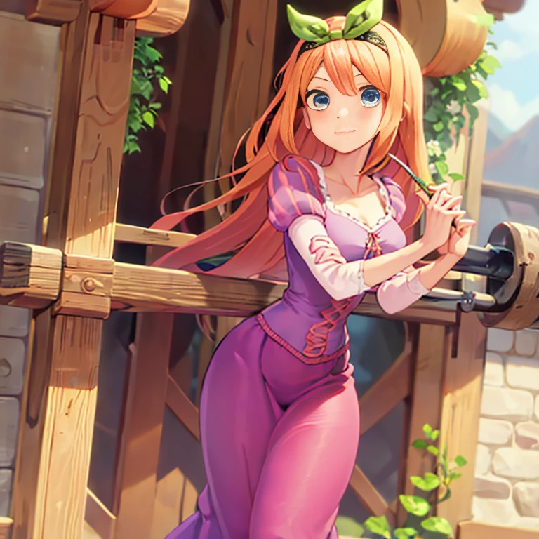 Fusão entre Rapunzel da Disney e Yotsuba Nakano, boa fusão, Excelente design de personagens, obra de arte, 4K, anatomia perfeita, Rosto Perfeito, olhos perfeitos, 1 garota, Sozinho, corpo todo, Yotsuba Nakano usando vestido de Rapunzel, long long cabelo laranja, cabelo vermelho, cabelo rosa, cabelo laranja, cabelos extremamente longos, fita verde no cabelo, fita de cabelo, olhos azuis, Atlético, muscular, vestido rapunzel roxo