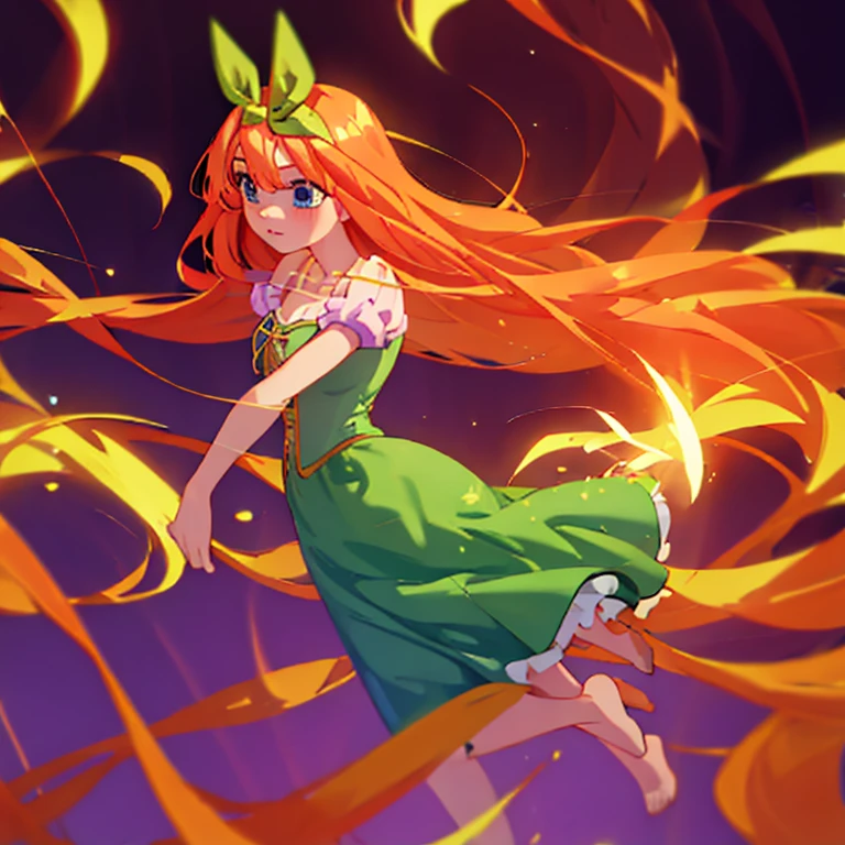 Fusion between Rapunzel from disney and Yotsuba Nakano, good fusion, excellent character design, masterpiece, 4k, perfect anatomy, perfect face, perfect eyes, 1girl, solo, full body, yotsuba nakano wearing rapunzel's dress, long long orange hair, red hair, pink hair, orange hair, extremely long hair, green ribbon on hair, hair ribbon, blue eyes, athletic, muscular, purple rapunzel dress