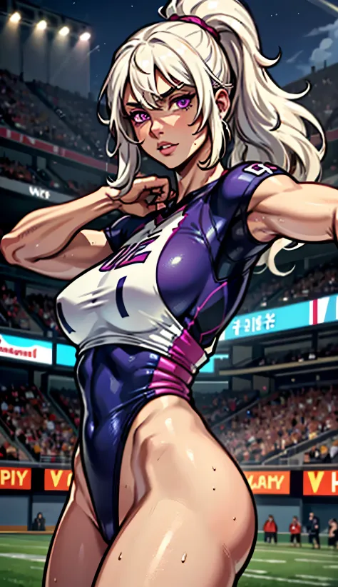 1 man, A handsome man with wavy white hair, messy bangs, messy ponytail, Sunkissed tan skin, purple magenta eyes, soft expressive eyes, veins on arms and hands, sweaty skin, American football player, tight football uniform, on football field, white happy t...