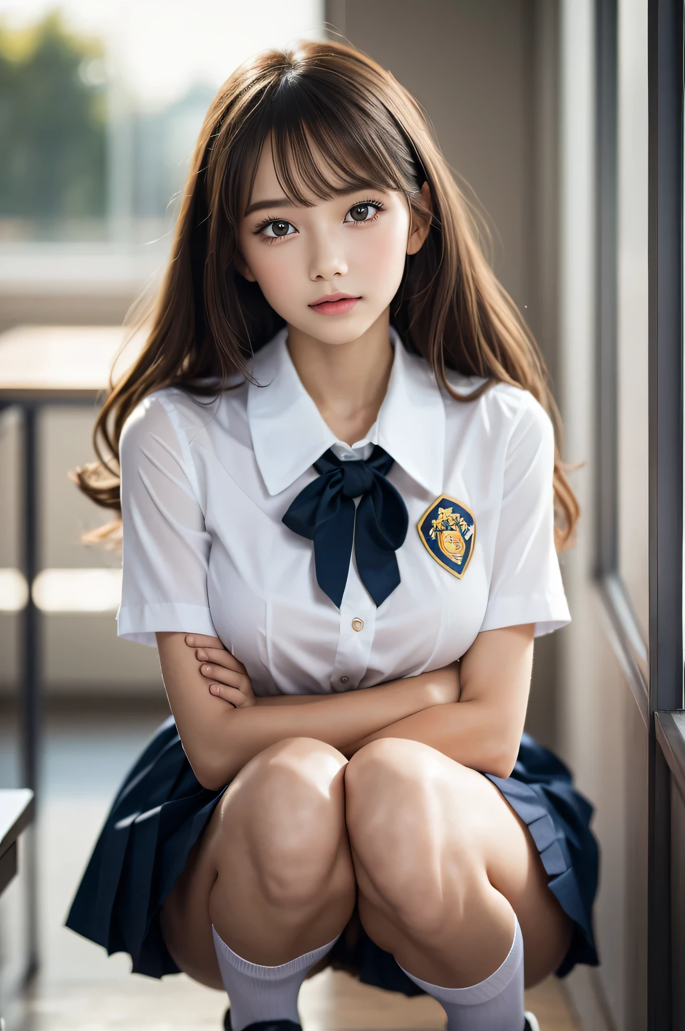 (1young girl), (highly detailed Beautiful face), Amazing face and eyes, (Best Quality:1.4), (Ultra-detailed), (extremely detailed CG unified 8k wallpaper), Highly detailed, High-definition raw color photos, Professional Photography, Realistic portrait, Amazing face and eyes, Pink eyes, (hi-school uniform, pleated mini skirt:1.3), (High  with wide open breasts:1.4), twintails, brown hair, model,  (((Bokeh))), depth of fields, School, classroom, (squatting:1.2), (lace panties:1.2), view from below