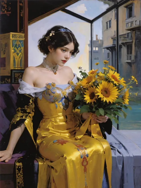 (masterpiece, top quality, best quality, official art, beautiful and aesthetic:1.2), (1girl), extreme detailed,(fractal art:1.3),colorful,highest detailed chiaroscuro technique on painting of a woman holding a bouquet of sunflowers in front of a golden bac...