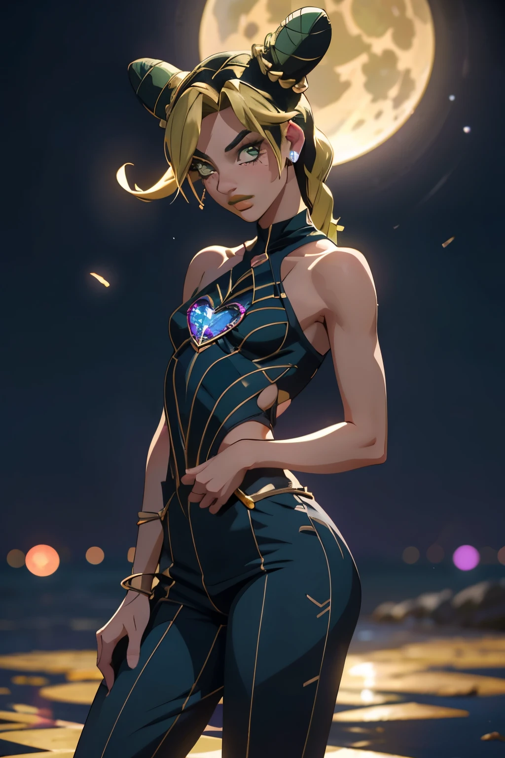  jolyne, (Cristais, bokeh brilhante), (seios enormes:1.25), escote, cadeiras largas, cintura pequena, clavícula, lábios entreabertos, inventar, corar, pele brilhante, Noite, reflecion, lua cheia, Luz da lua, Rosa. sexy