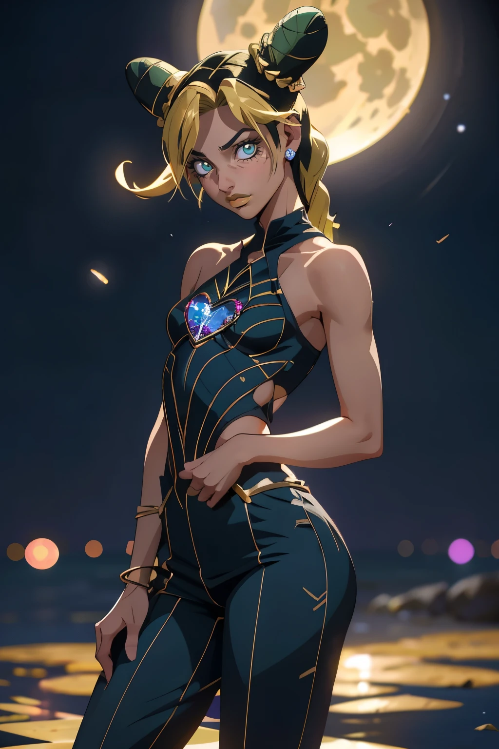  jolyne, (Cristales, bokeh brillante), (pechos enormes:1.25), escote, caderas anchas, cintura pequeña, clavicle, labios separados, maquillaje, sonrojarse, piel brillante, Noche, reflexion, luna llena, Luz de la luna, rosa. Sexy