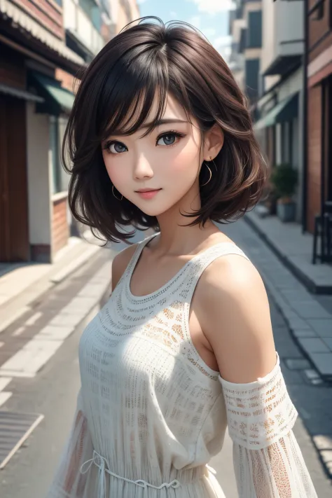 best quality, 32k, raw photo, incredibly absurdres, extremely detailed, neat and cute beauty, flowing layered short bob cut, wea...