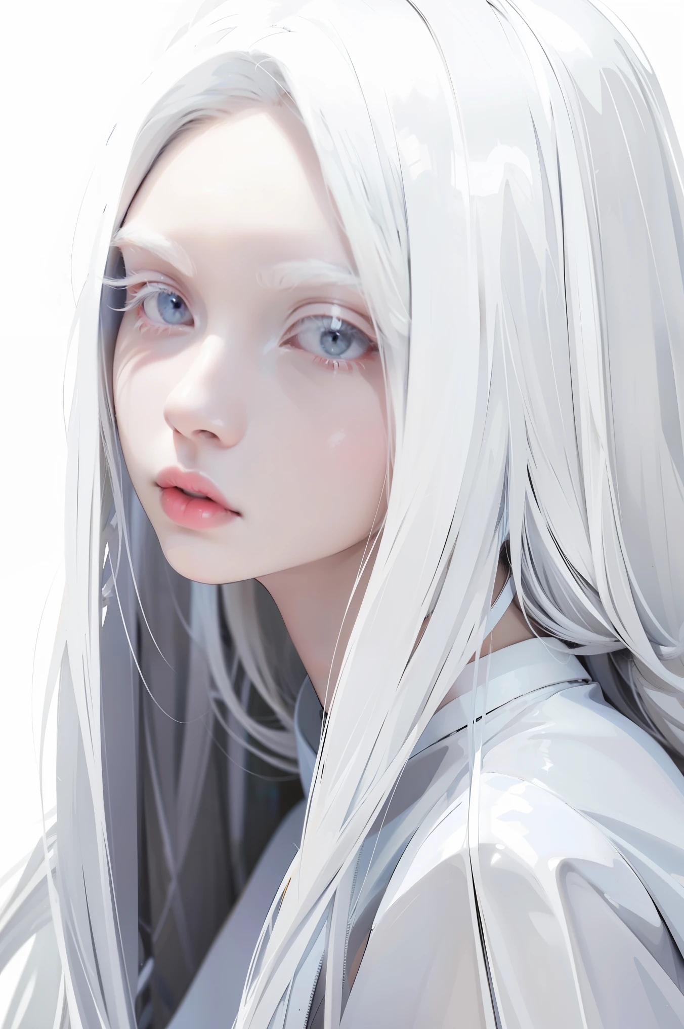 4lb1n0, 1girl, long hair, white hair, grey eyes, white eyelashes, portrait, masterpiece, best quality, white background,