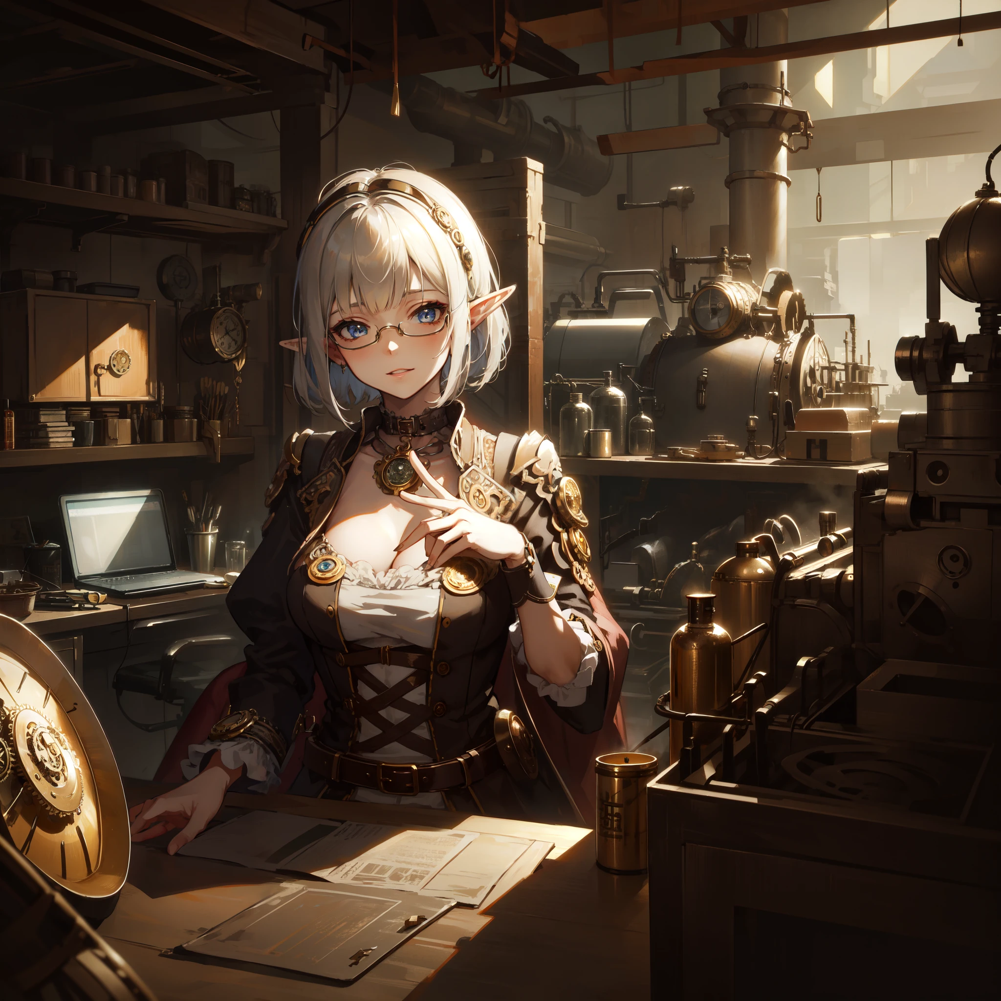 ((masterpiece )), (top quality), (best quality), ((ultra-detailed, 8k quality)), Aesthetics, Cinematic lighting, (detailed line art), Beautiful digital artwork, Exquisite digital illustration, absurdres, 
BREAK,
beautiful elf girl using tools next to a desk, in a factory, Workshops, waterr pipe, water tank, 18 century, (steampunk helmet with goggles), steampunk_costume, (avairy coat), glasses, cell shading, cinematic dramatic atmosphere, high quality cell shaded illustration in Fantasy steampunk style by Yoji Shinkawa, detailed and intricate environment, artstation, concept art, fluid and sharp focus, by ((Mikimoto Haruhiko)),
BREAK,
(best shadow), intricate details, interior, dark studio, muted colors, key spring-enhanced, clockwork, bronze, copper, steel, dangerous, sharp, intricately detailed dramatic atmospheric, (steam punk), SteamPunkAI, CogPunkAI,
BREAK,
highly detailed of (elf), (1girl), perfect face, details eye, Bob cut hair, Blunt bangs, (hair between eye), blonde white hair, blue eyes, eyelashes, eyeshadow, pink eyeshadow,  smile, design art by Artgerm, by Kawacy, By Yoshitaka Amano,
BREAK, 
((perfect anatomy)), nice body, medium breast, (extremely detailed finger), best hands, perfect face, beautiful face, beautiful eyes, perfect eyes, (perfect fingers), correct anatomy, 