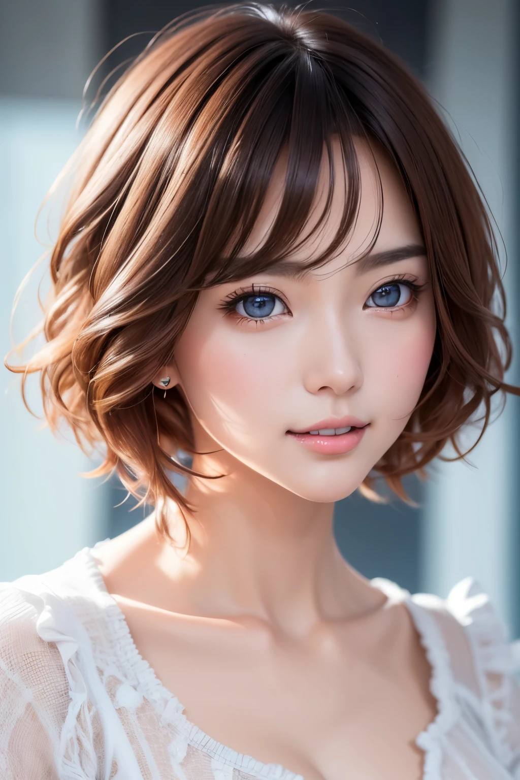 best quality, 32k, RAW photo, incredibly absurdres, extremely detailed, neat and cute beauty, flowing layered short bob cut, wearing loose and fluffy knit dress, slender, professional lighting