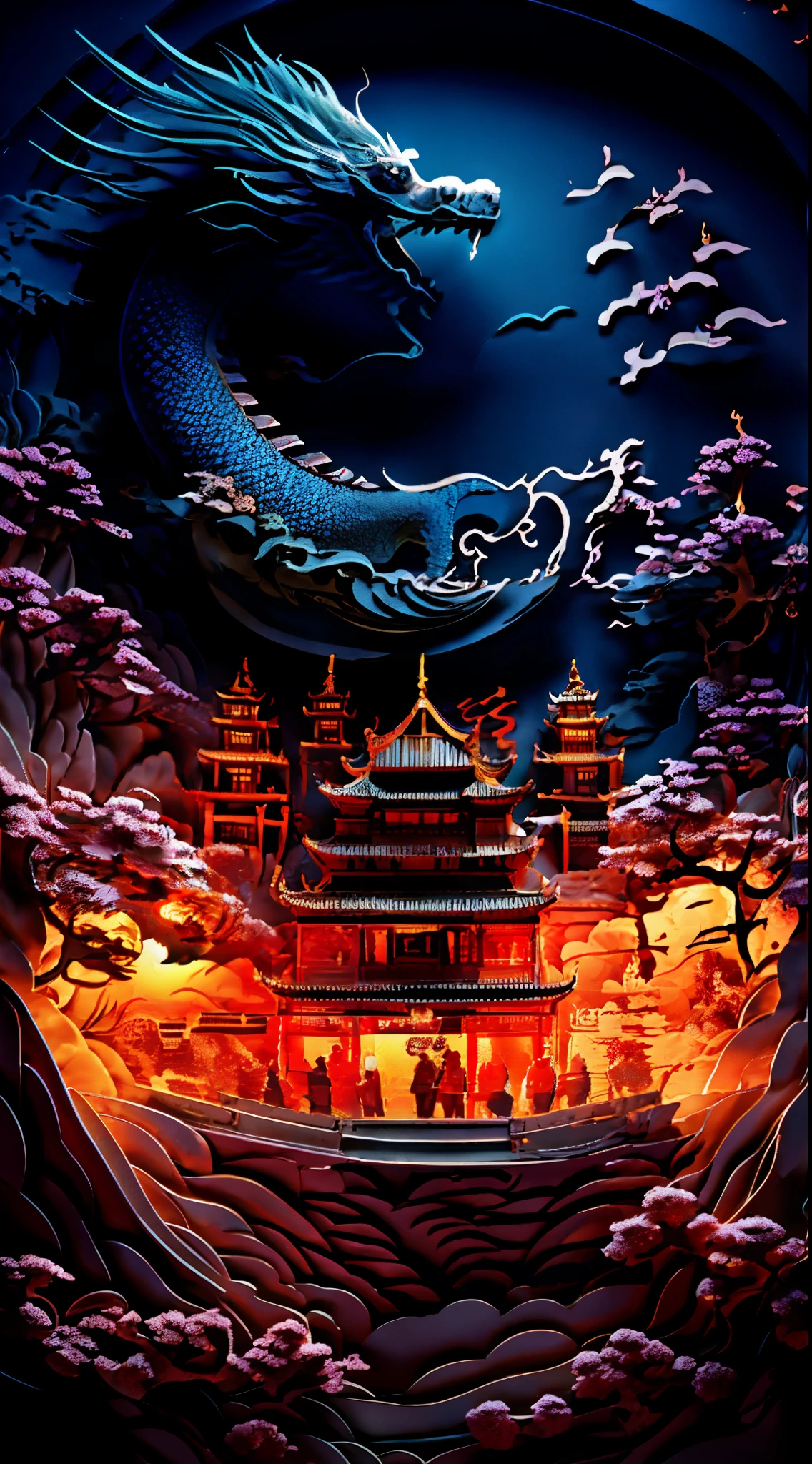 Paper-cut art,architecture,masterpiece,high quality,Super detailed,Super exquisite,8k,Chinese dragon concept art,Lunar New Year&#39;s eve,Traditional Chinese cultural elements,global illumination,Stunning art style，Happy new year，The picture is festive，global illumination，Beautiful digital artwork