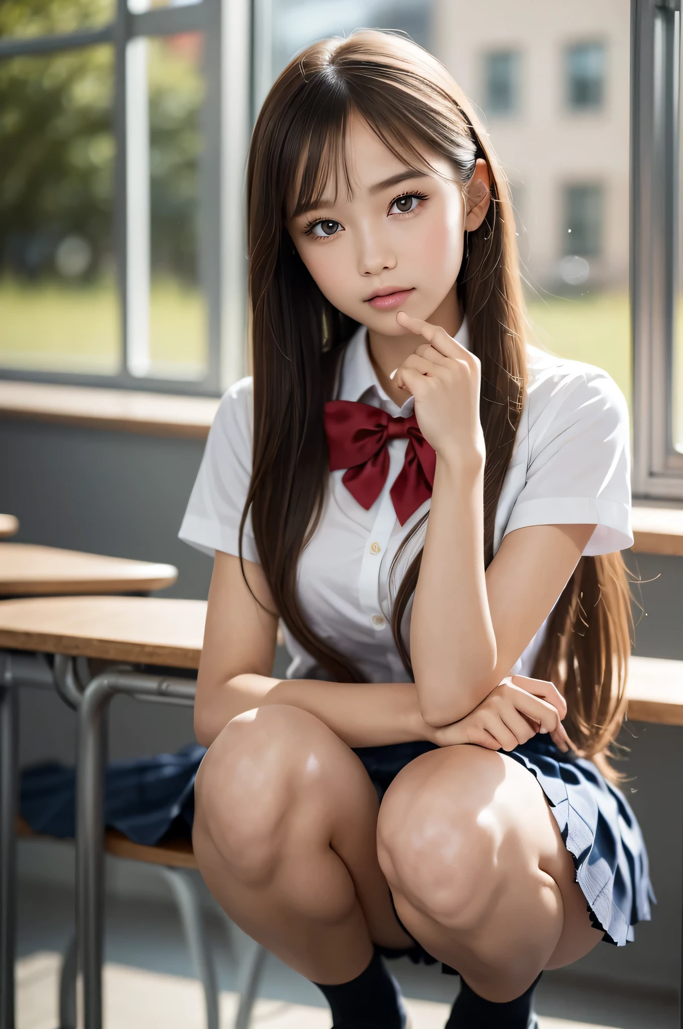 (1young girl), (highly detailed Beautiful face), Amazing face and eyes, (Best Quality:1.4), (Ultra-detailed), (extremely detailed CG unified 8k wallpaper), Highly detailed, High-definition raw color photos, Professional Photography, Realistic portrait, Amazing face and eyes, Pink eyes, (hi-school uniform, pleated mini skirt:1.3), (High school uniform with wide open breasts:1.4), twintails, brown hair, model,  (((Bokeh))), depth of fields, School, classroom, (squatting:1.2), (lace panties:1.2), view from below