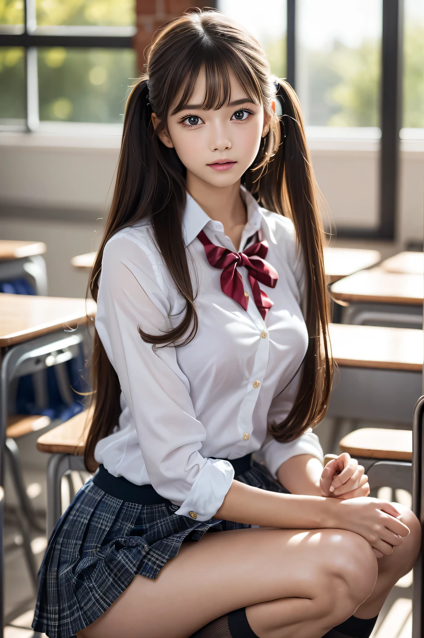 (1young girl), (highly detailed Beautiful face), Amazing face and eyes, (Best Quality:1.4), (Ultra-detailed), (extremely detailed CG unified 8k wallpaper), Highly detailed, High-definition raw color photos, Professional Photography, Realistic portrait, Amazing face and eyes, Pink eyes, (hi-school uniform, pleated mini skirt:1.3), (High school uniform with wide open breasts:1.4), twintails, brown hair, model,  (((Bokeh))), depth of fields, School, classroom, (squatting:1.2), (lace panties:1.2), view from below