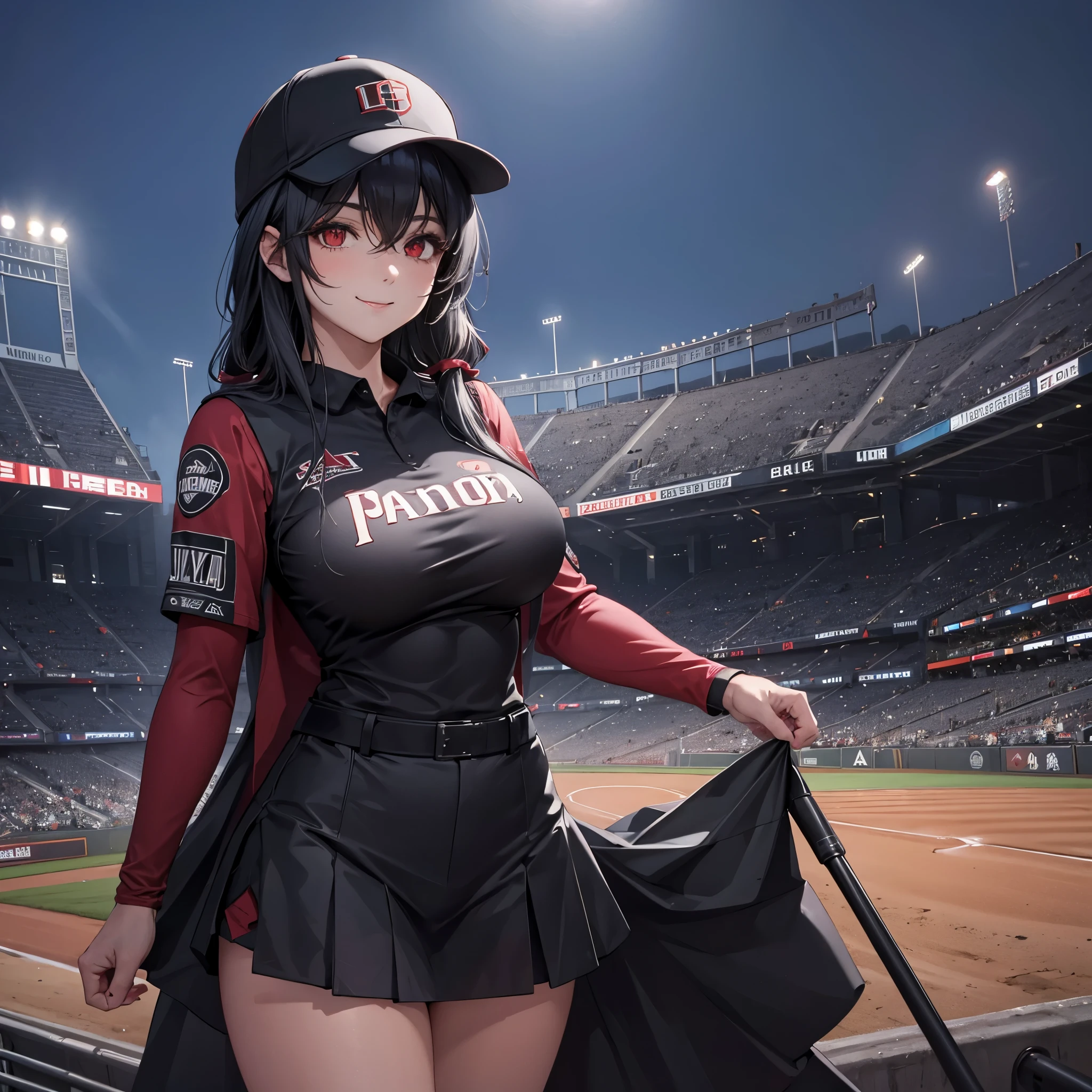 a woman in a black baseball uniform with red details, (red eye) smiles, big , in an empty baseball stadium at night
