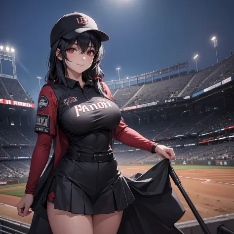 a woman in a black baseball uniform with red details, (red eye) smiles, big boobs, in an empty baseball stadium at night