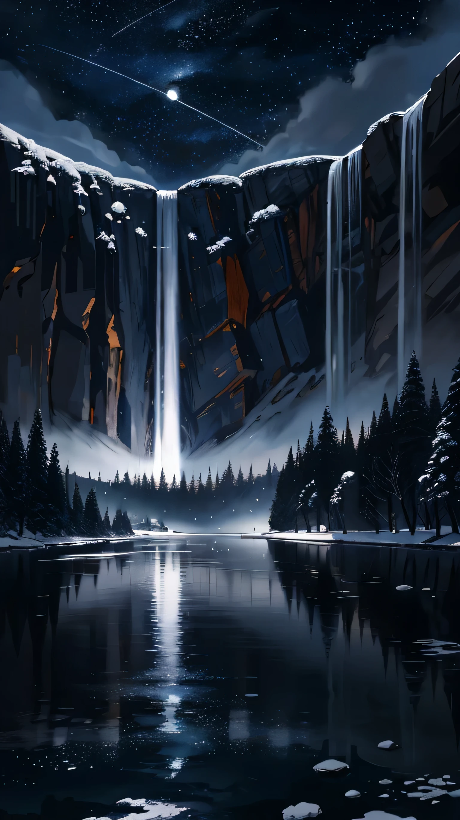 A painting of a river with stars and moon in the sky during the winter with a giant waterfall, concept art inspired by Tosa Mitsuoki, pixiv contest winner, best quality, fantasy art, beautiful anime scene, a bright moon, moonlit starry environment, dream painting, Anime Background Art, Fantasy Landscape Art, Fantasy Night, Anime Background, Background Artwork, Fantastic Art, Atmospheric Anime, Starry Sky, Detail Enhanced.