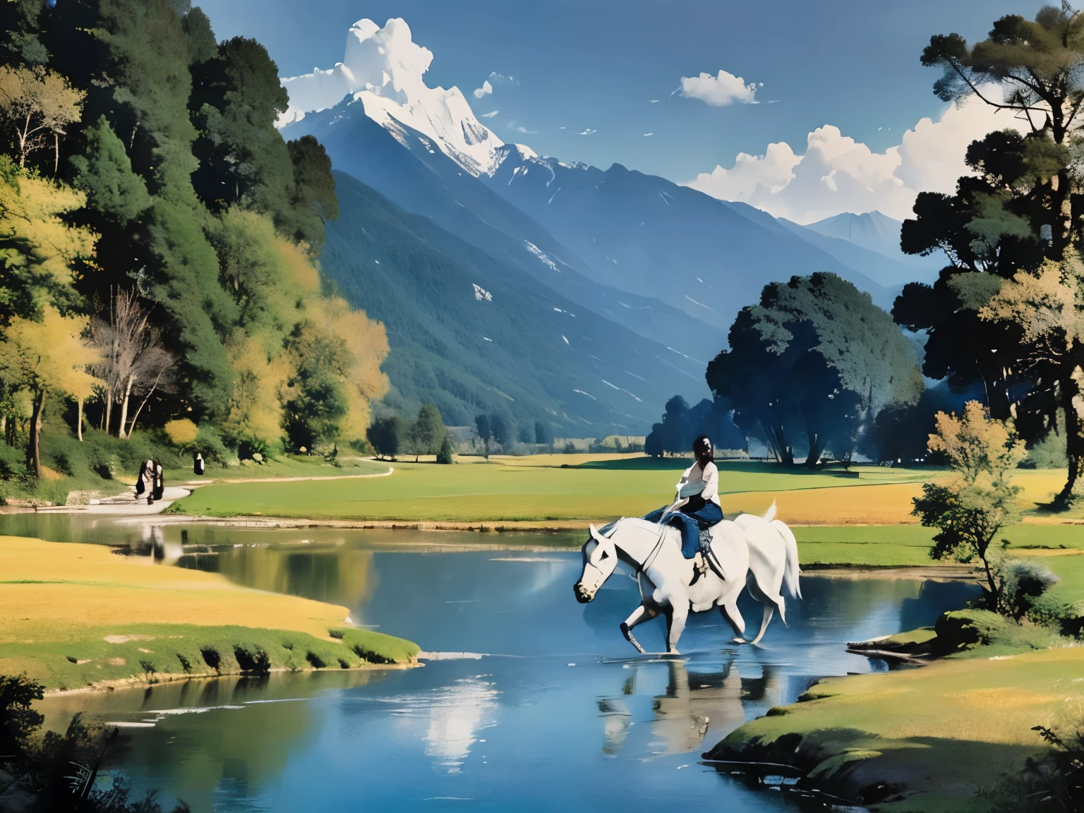 ink style，A god rides a white horse，The mountains and waters are beautiful，It's like a paradise，forest background，There is a spring in the forest，There is a group of golden chickens beside the spring，There is a rice field in the distance，