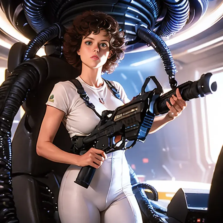 ((xenomorph alien)) alien movie ((ellen ripley))  a woman 30 years hold wearing a white panties and white tight trunk, brown wav...