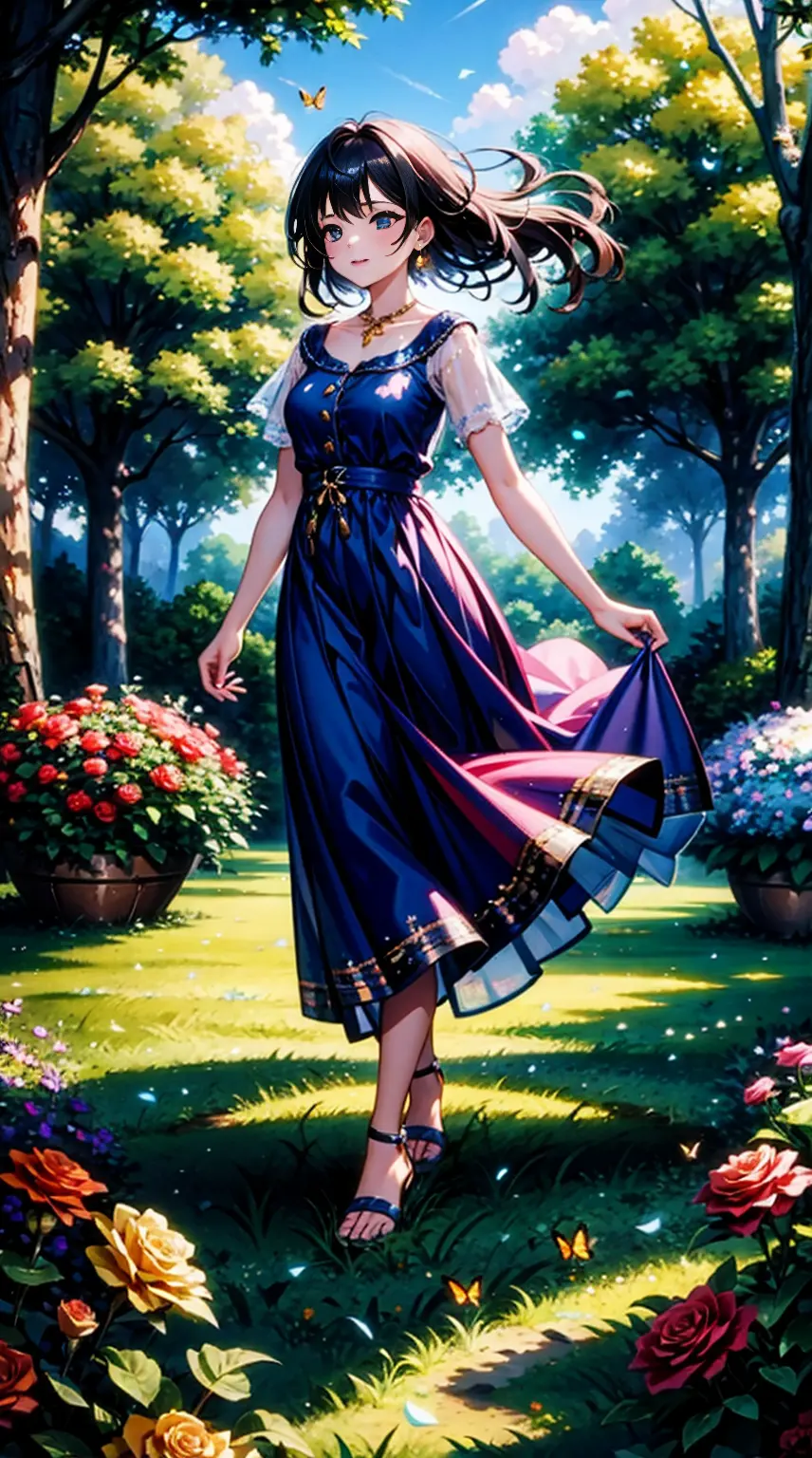 1 girl in a beautiful garden, vibrant flowers, sunlight filtering through trees, a soft breeze caressing her flowing dress. Her ...