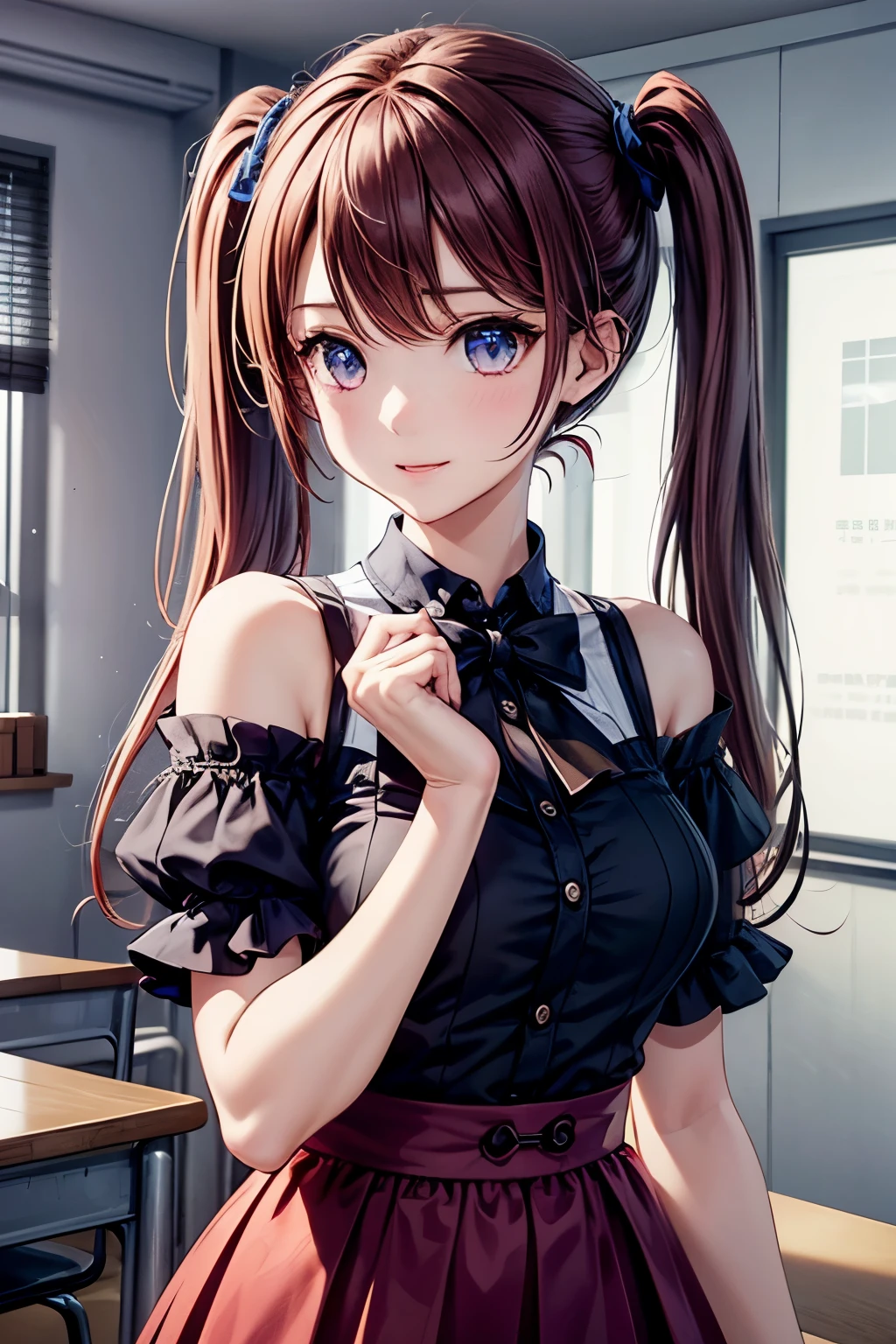 ((1 girl)), ((highest quality)), (super detailed), (Very detailed CG synthesis 8k wallpaper), very detailed, High resolution raw color photos, professional photography, (twin tails), brown hair, wonderful face and eyes, pink eyes, (amazingly beautiful girl), School, classroom, off shoulder,